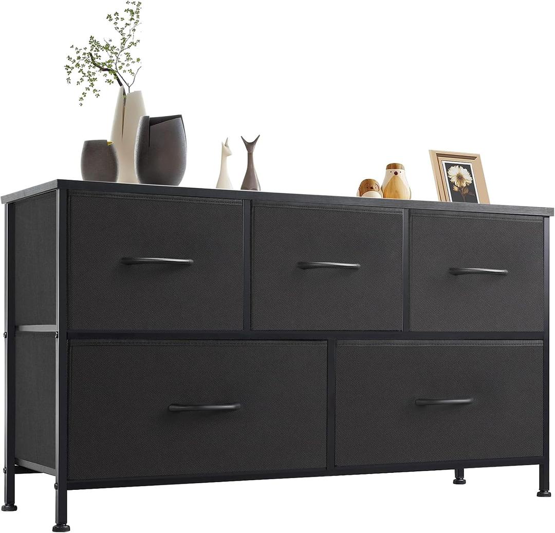 OLIXIS Dresser for Bedroom with 5 Drawers, Wide Chest of Drawers, Fabric Bedroom Dresser with Drawer Organizers, Storage Organizer Unit with Fabric Bins for Closet, Living Room, Hallway (Pure Black)
