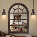 AMOISE Arched Wall Mirror with Wood Window Pane Frame, 26 x 38 Inch, Brown
