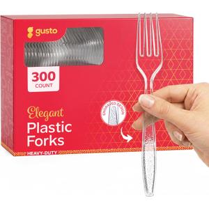 GUSTO [300 Pack] Heavyweight Clear Plastic Forks with Engraved Design - Disposable Sturdy Plastic Utensils for Parties, Weddings, and Events (Formerly Comfy Package)