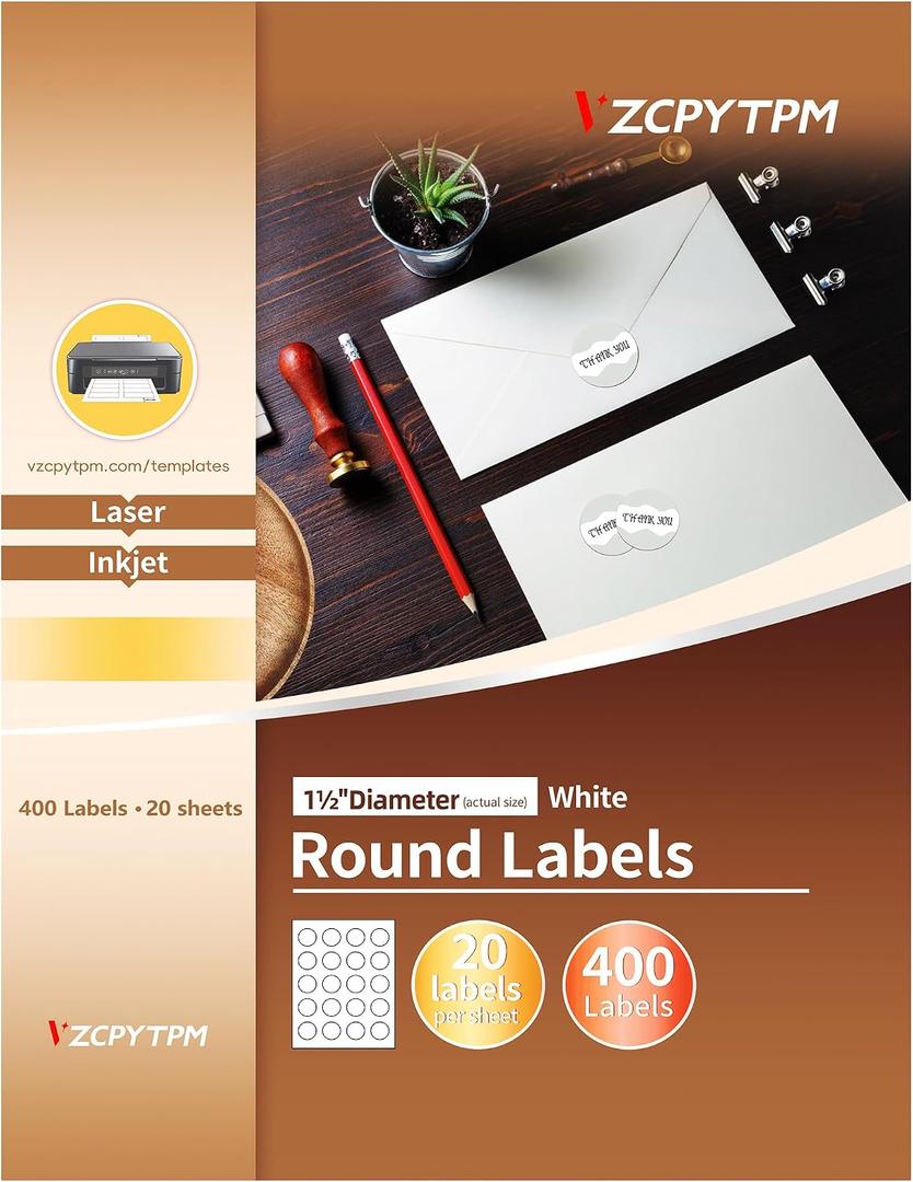 2 x VZCPYTPM Customizable Round Labels 1.5 Inch,400 White Matte Stickers,Printable Label for Business Logo,Jars,Address and Office Use