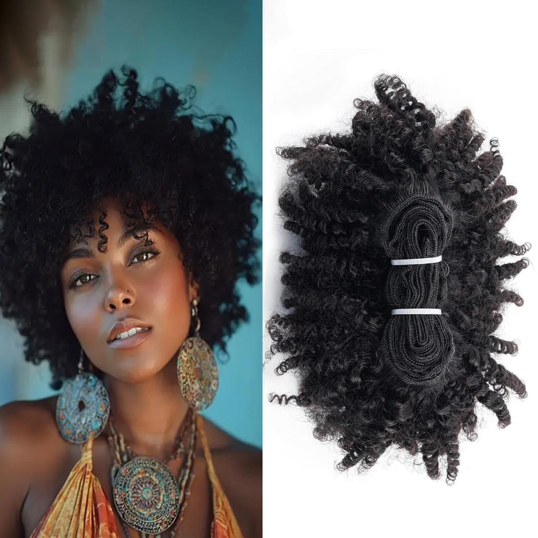 Afro Kinky Curly Human Hair Bundles 4B 4C 1 Bundle 100g Brazilian Remy Human Hair Extensions, Natural Black Curly Hair Weave for Black Women, No Tangle Soft Thick Hair Bundles (Natural black, 10inch)
