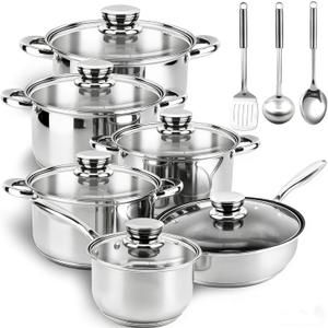 Stainless Steel Cookware Set - 15 Pieces Pots and Pans Nonstick Pot and Pan Set Includes 1 Frying Pans, 5 Pots, 6 Lids and 3 Utensils, with Stay Cooling Handle, Induction & Oven Safe