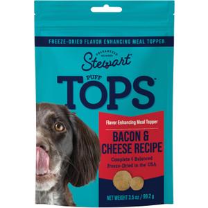 Stewart Freeze Dried Dog Food Topper, PuffTops, Bacon & Cheese, 3.5 Ounce Resealable Pouch, Flavor Enhancing Meal Topper or Dog Treat, Made in USA (EXP 04/04/26)
