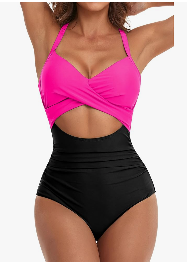 Eomenie Women's One Piece Swimsuits Tummy Control Cutout High Waisted Bathing Suit Wrap Tie Back 1 Piece Swimsuit, size -M