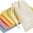BBTO 5 Pieces Soap Saver Bag Cotton Linen Exfoliating Soap Pouch for Foaming and Drying, Shower, Scrubber(9 x 14 cm,White, Pink, Blue, Yellow, Orange)