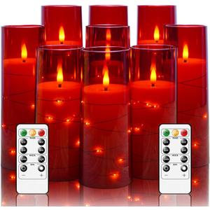 Flameless LED Candles with Timer 9 Pc Flickering Flameless Candles for Romantic Ambiance and Home Decoration Stable Acrylic Shell,with Embedded Star StringBattery Operated CandlesRed