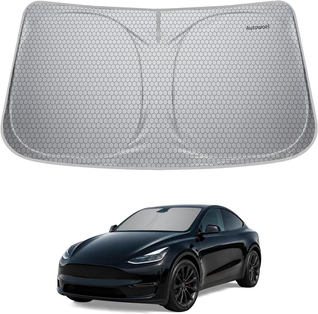 Windshield Sun Shade for Tesla Model 3/Y 2014-2026, Foldable, Car Accessory | Graphene Activated Carbon, Odor-Absorbing, UV and Heat Blocking, Storage Bag Included, Helps Keep the Parked Interior Cooler
