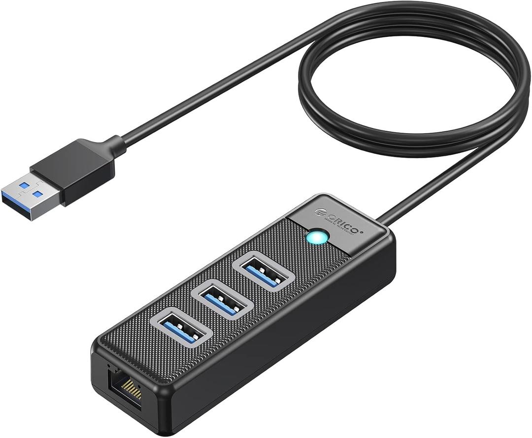 ORICO USB Hub Ethernet, 4 Port USB 3.0 Hub, USB-A to Gigabit Ethernet Adapter with 3 USB 3.0 Hub for Laptop, USB Hub 3.0 with RJ45 10/100/1000 Gigabit -PW3UR-05 (Black1M)