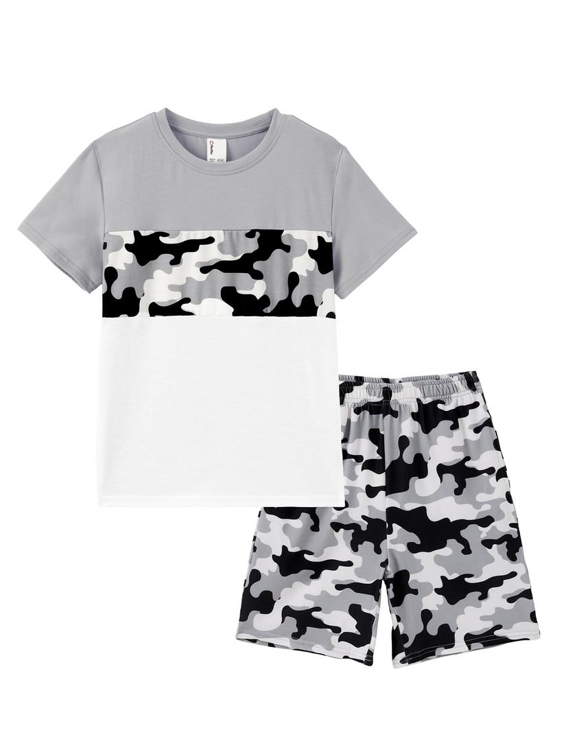 PATPAT Boys Summer Outfits, Grey Camo Tshirts and Shorts with Pockets, Crew Neck Short Sleeve Tshirts Stretch Shorts 2 Piece Outfits Boys Short Sets, Size 7-8 Years