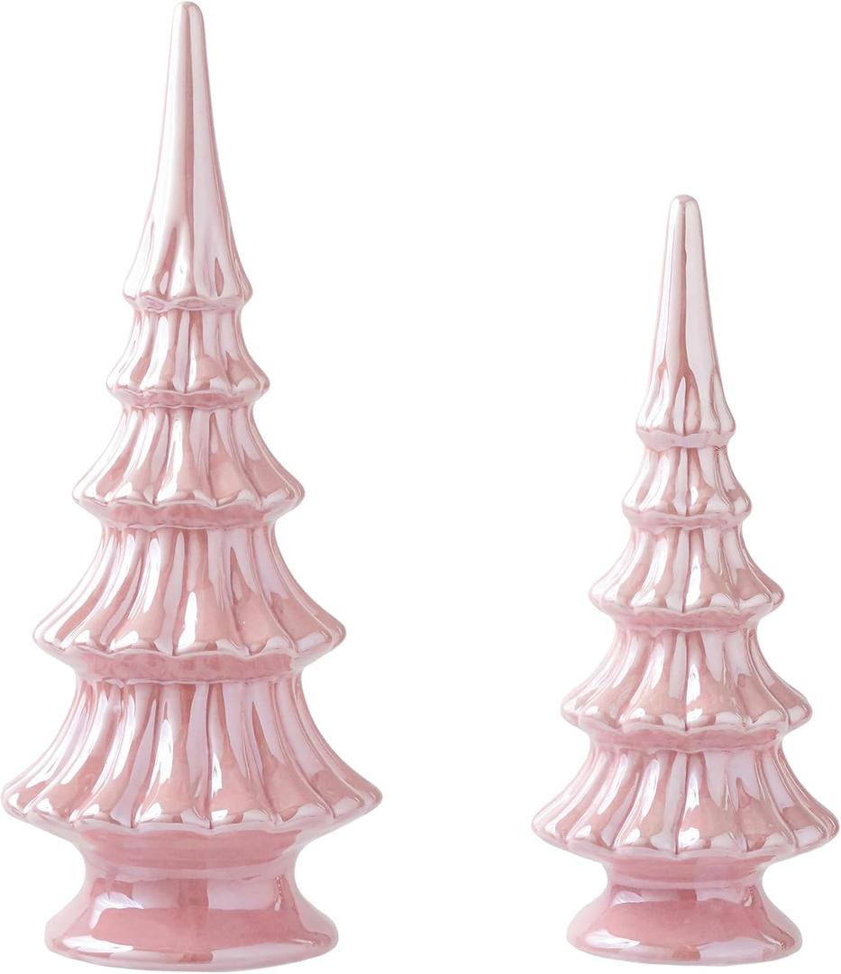 Ceramic Pink Christmas Tree, Set of 2 Decorative Xmas Tree for Table Centerpiece Decorations, Indoor Mantel Fireplace Holiday Decor