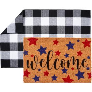 2 PCS Patriotic Door Mat Independence Day Natural Coir Welcome Doormats with Layered Buffalo Plaid National Day Front Door Rugs for Entrance Porch Outdoors Decor