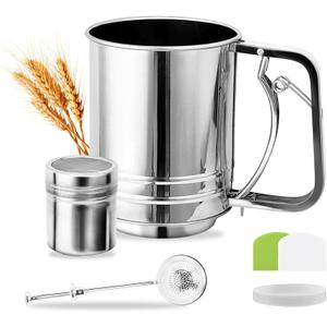 Flour Sifter, 3 Cup Stainless Steel, Great Double-layer Baking Sifters for Baking, Flour Strainer with Powdered Sugar Shaker Duster(Sliver,Size:3 Cup)