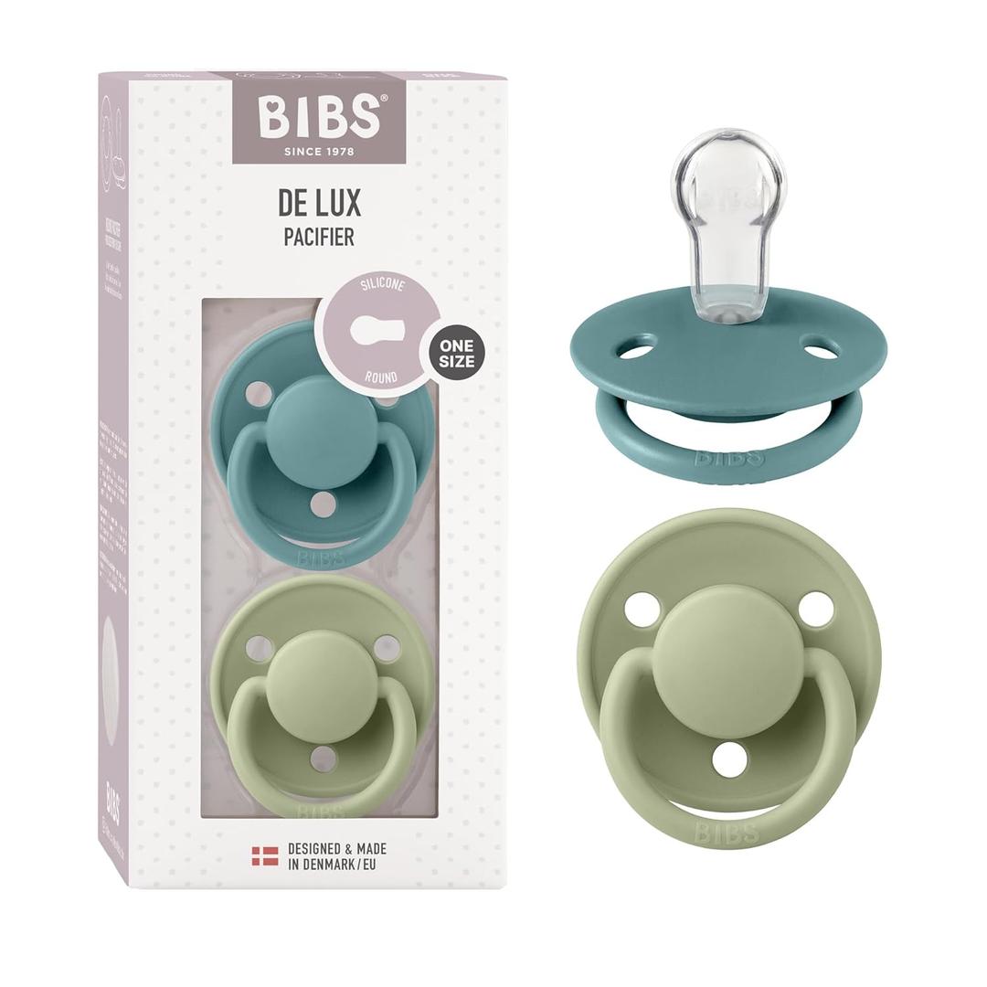BIBS De Lux Baby Pacifier 2Pack | Made in Denmark | BPA Free Dummy Soother, Round Nipple. Silicone, One Size (036 Months), Island Sea/Sage