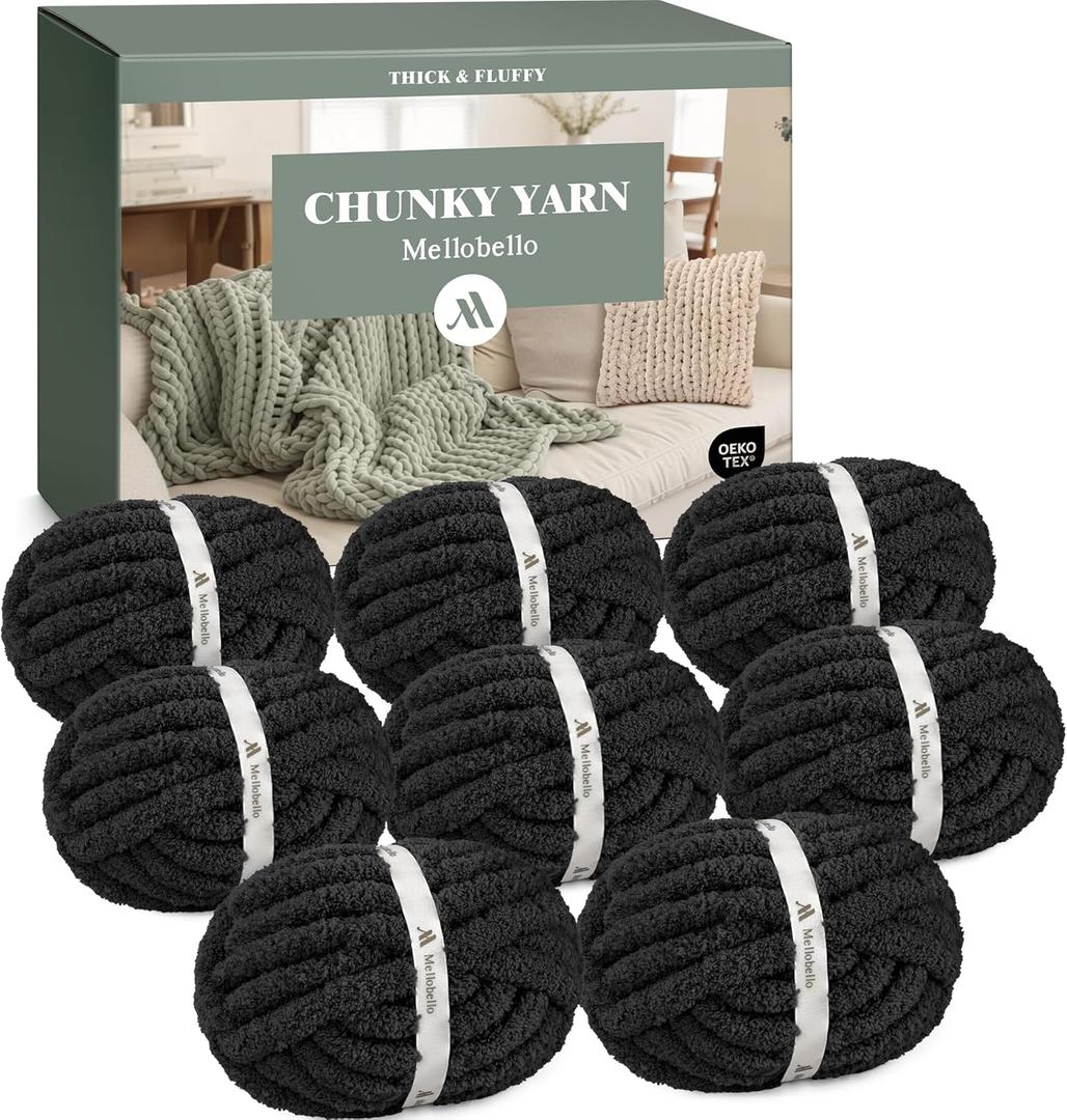 Jumbo Chunky Yarn for Hand Knitting - Super Thick Chenille Chunky Yarn for Crocheting - Extra Soft Bulky Fluffy Blanket Big Yarns 8 Jumbo Pack (27yds,8 oz Each Skein) Black