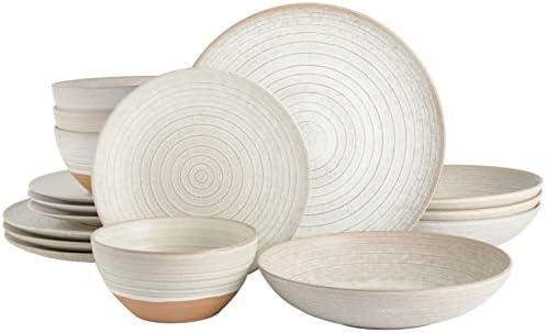 Gibson Elite 16 Piece Dreamweaver Double Bowl Terracotta Reactive Dinnerware Set - Sand Cream, Service for 4 (16pcs)