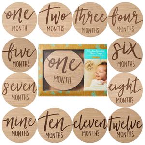 Kate & Milo Baby Monthly Milestone Marker Discs - Classic Cursive Script Wooden Discs with Reversible Photo Props for Baby Announcement and Milestones, Gender-Neutral Gift for Newborn Boy and Girl (Circle Milestone Discs)