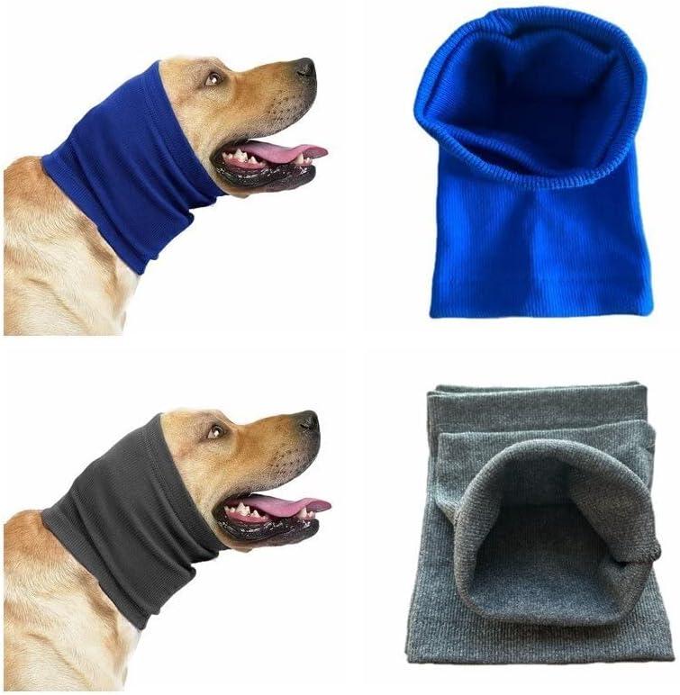 Dog Ear Wrap Quiet Blow Drying and Ear Hematoma Protection Calming Snood Hood for Anxiety Relief, Blue+Grey L