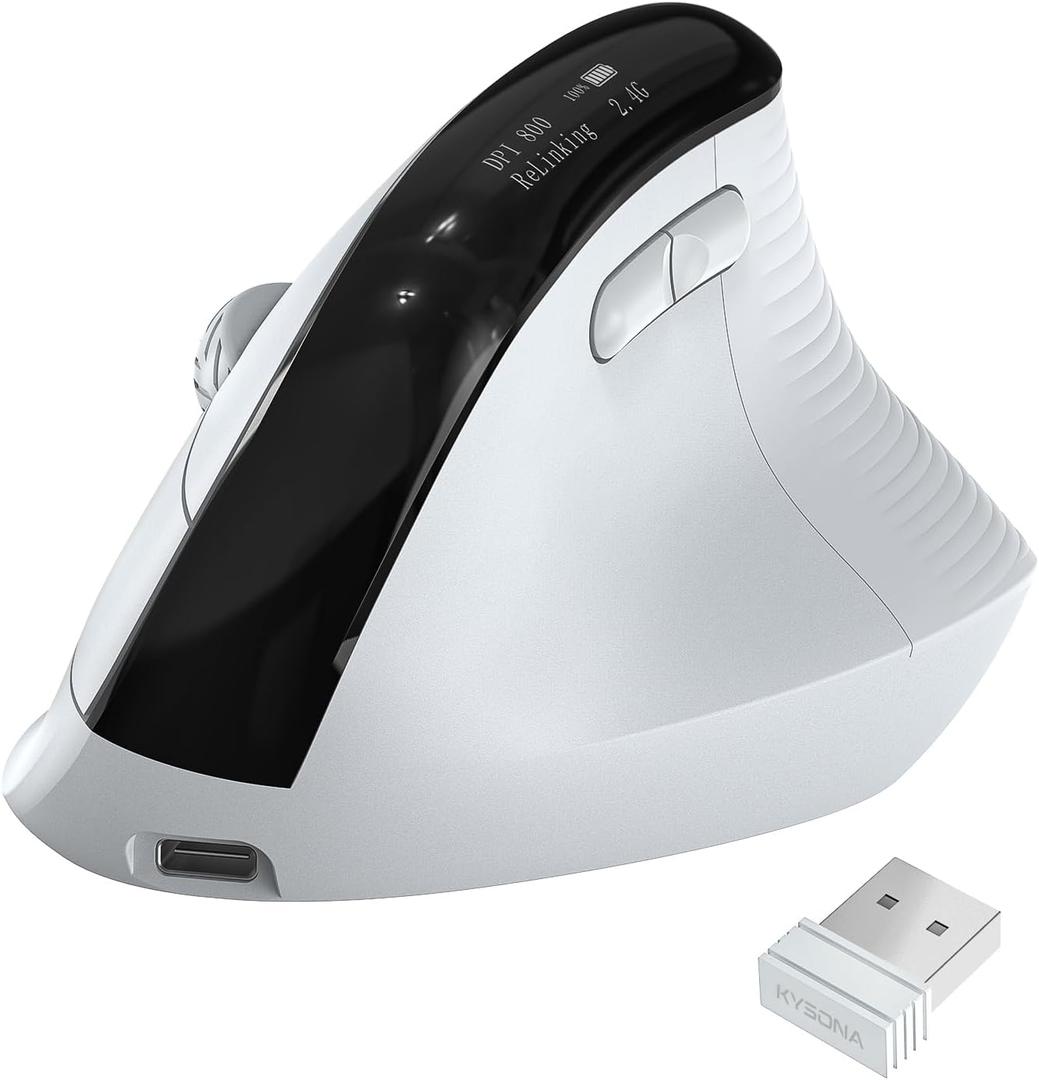 Wireless Ergonomic Mouse with ScreenBluetooth Vertical Mouse Rechargeable, Quiet Clicks, USB Ergo Design Cordless Mice Compatible for Windows, PC, Laptop, Mac OS, White