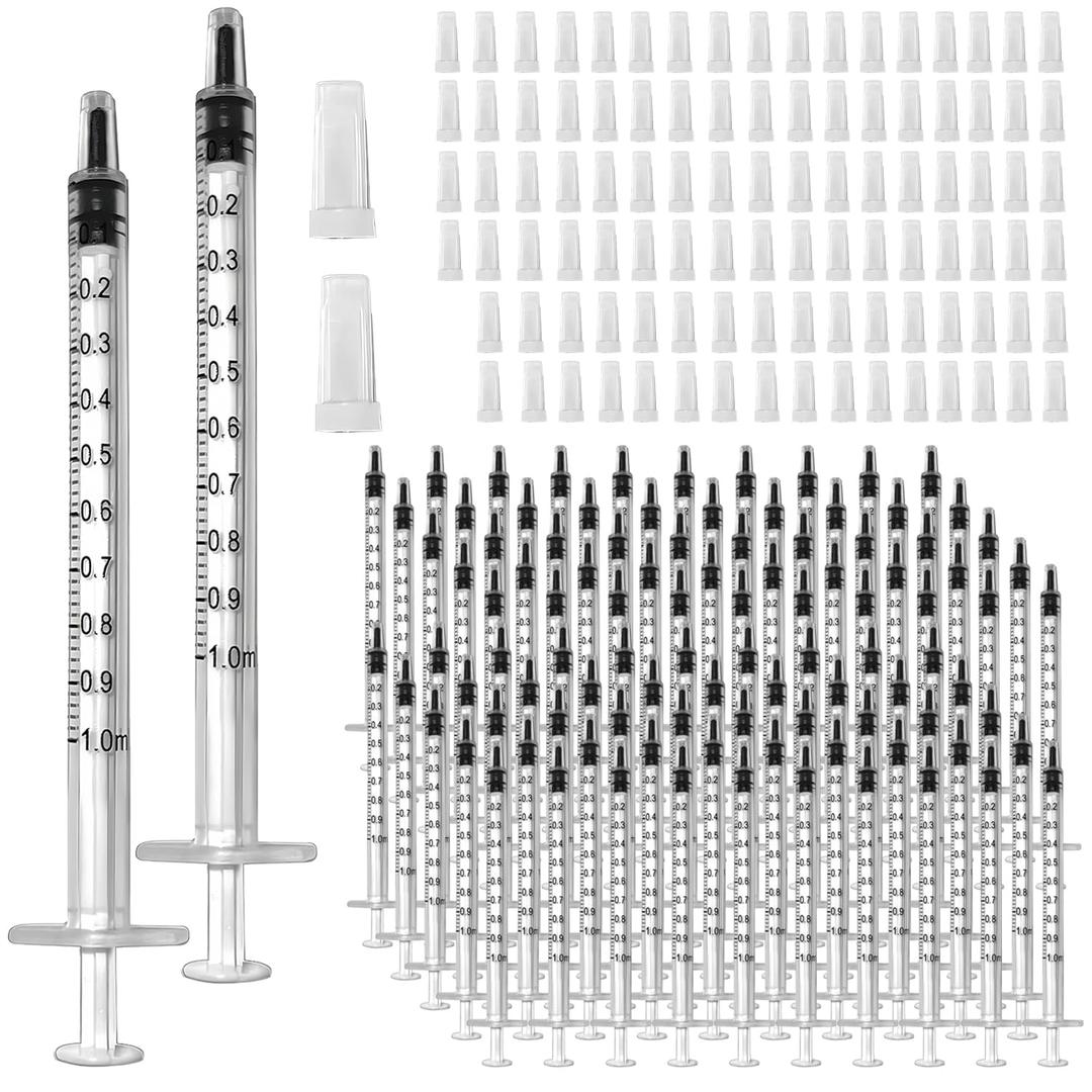 100 Pcs 1ml 1cc Syringe No Needle Plastic Syringe with Caps for Pets Oral, Refilling, Oil or Glue Applicator, Measuring or Transfering Tiny Amount of Liquids (White)
