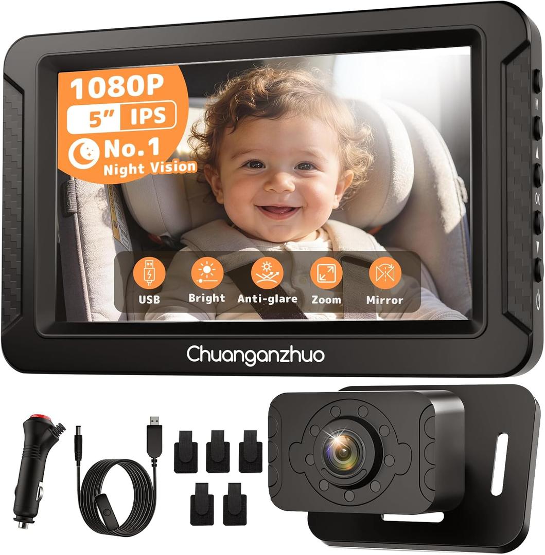 S100C Baby Car Camera USB Powered, Crystal Clear Auto IR Night Vision in Total Dark, Adjust Brightness & 1080P 5" IPS Monitor, 3X Zoom & 360 Rotating Backseat Camera for Rear or Forward-Facing