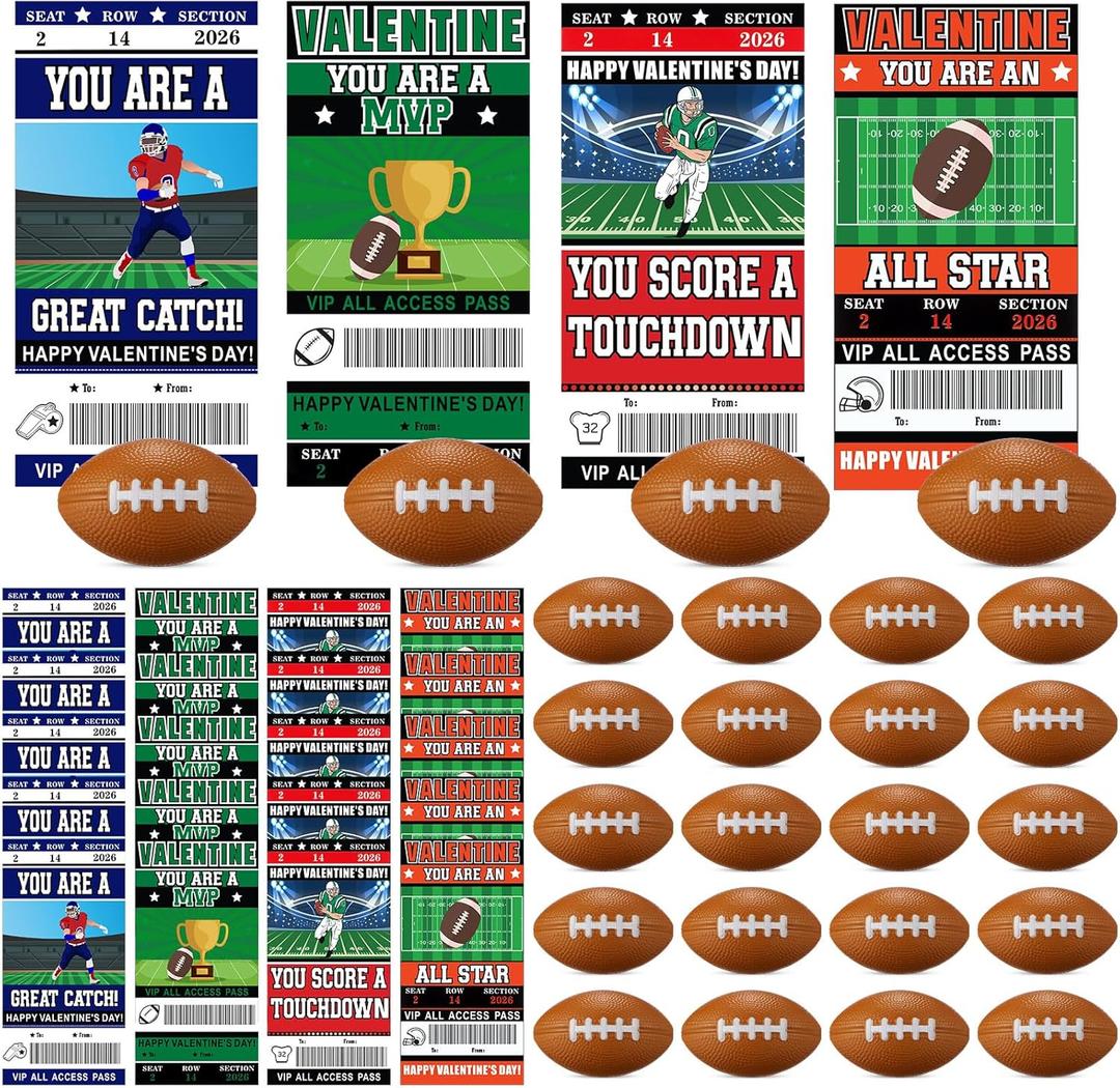 Realspring 24 Set Footballs Valentines Day Cards Gifts for Kids Classroom 24 Pcs Mini Foam Stress Football and 24 Pcs Class Exchange Card for Valentines Goodie Bag Stuffer School Sport Party Favors