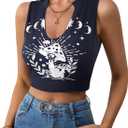 Remidoo Women's Graphic Tank Top Sleeveless Notched V Neck Muscle Crop Top Mushroom Shirt (XL)