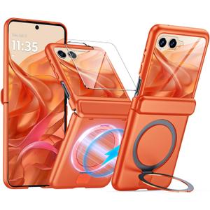 CENMASO for Motorola Razr 2025 Case/Razr 2024 Case with Hinge Protection & Built-in Screen Protector & Magnetic Ring Stand, Slim Full-Body Shockproof Rugged Phone Case for Moto Razr 2025/2024-Orange