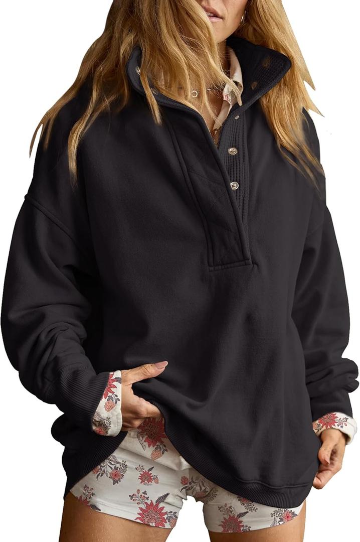 Gacaky Sweatshirt for Women Oversized Casual Long Sleeve Button Henley Neck Pullover Tops Fashion Outfits Clothes (X-Small, Black)