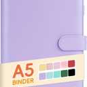 Sooez A5 binder 6 Ring, Refillable Notebook Planner Cover, Small Leather Organizer Empty Binder for Budget,Journal,Photocard Holder,Recipe Book, Aesthetic Loose Leaf Binder with Magnetic Buckle,Purple (Lavender)