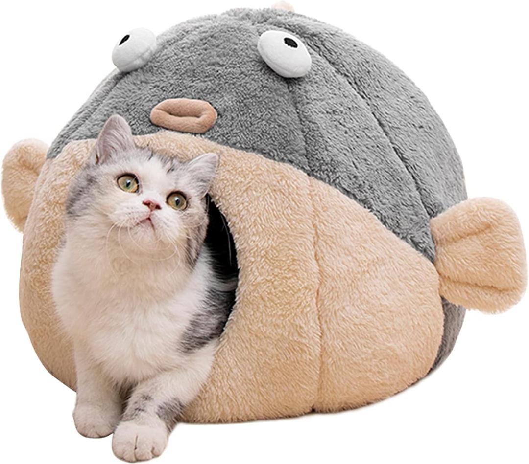 Cat Beds for Indoor Cats - Cat Bed Cave with Removable Washable Cushioned Pillow, Soft Plush Premium Cotton No Deformation Pet Bed, Lively Pufferfish cat House Design, Grey, Multiple Sizes (L 16.5'')