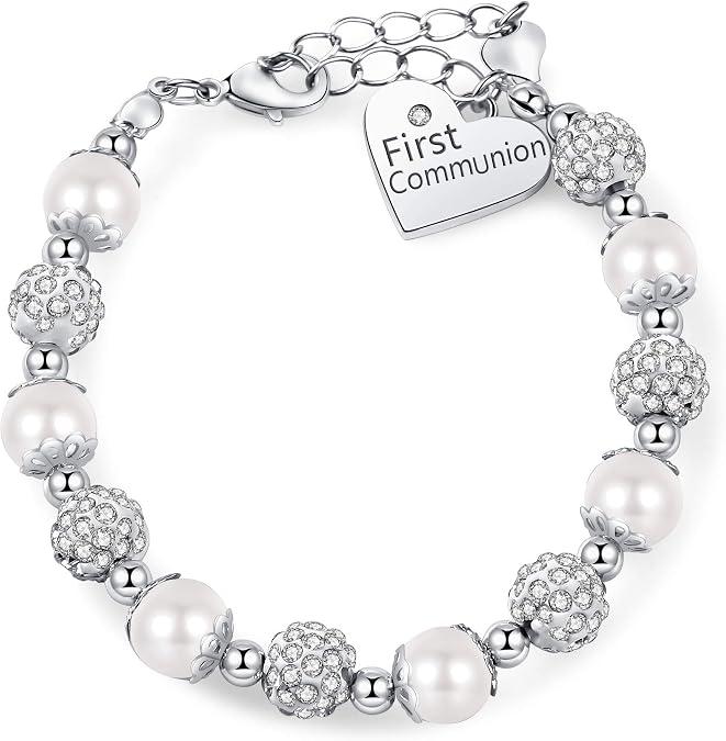 First Communion White Bead Charm Bracelet Handmade Jewelry Baptism or Christening Gift