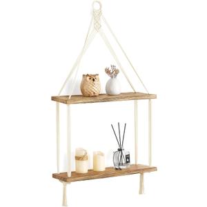 Mkono Macrame Hanging Shelf Boho Wall Decor 2 Tier Handmade Cotton Rope Rustic Wood Floating Shelves Display Photos Plants Hanging Storage Shelving for Living Room Nursery Bathroom Bedroom