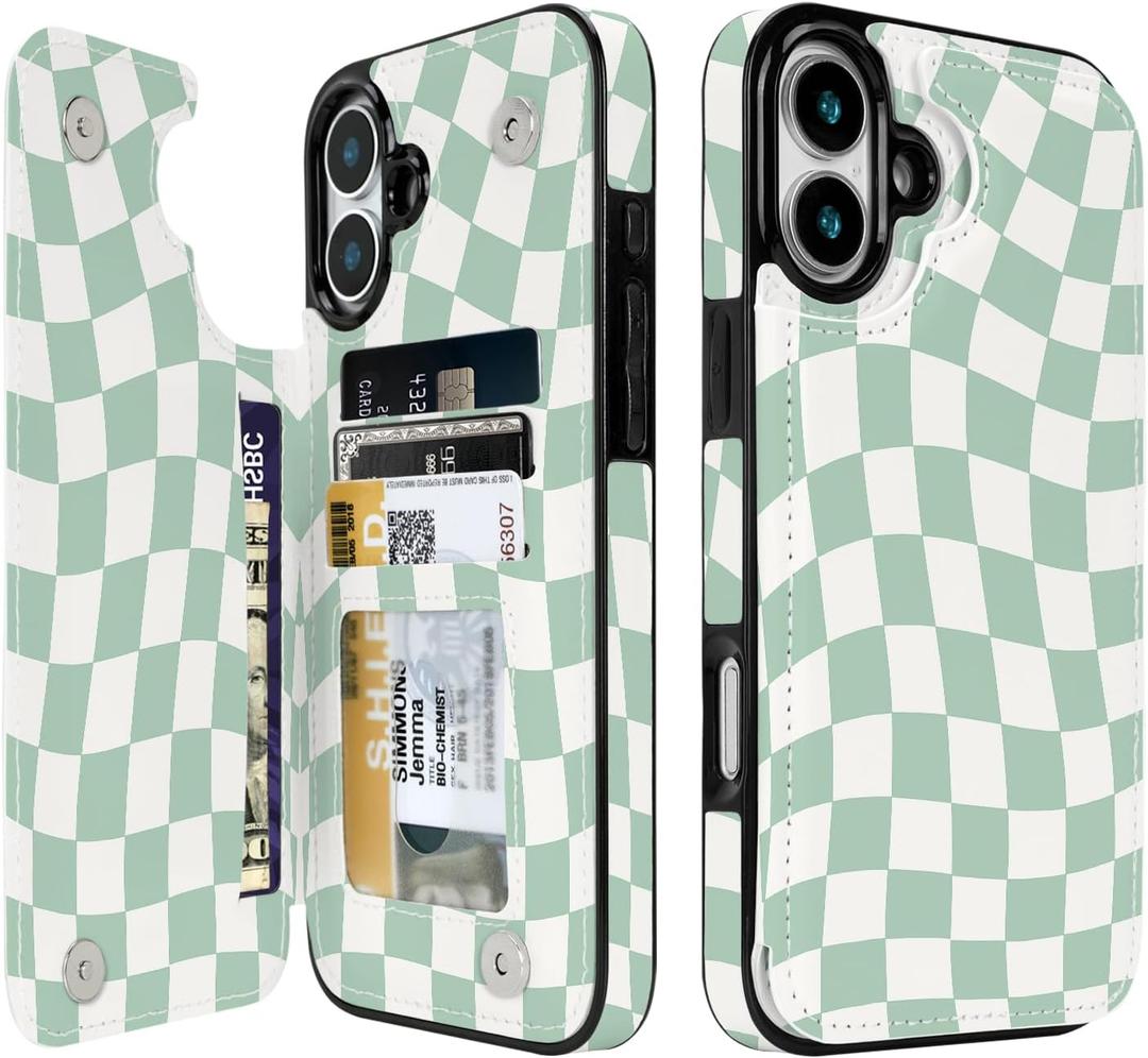 Compatible with iPhone 16 Plus Case Wallet with Card Holder, Flip PU Leather Built-in Card Slots, Kickstand and Shockproof Case for iPhone 16 Plus 6.7 inch Women Men (Green Checkerboard)