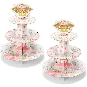 Tioncy 2 Set 3 Tier Floral Graduation Cupcake Stand for 24 Cupcakes Pink Gold Graduation Cap Decorations Cardboard Cake Dessert Holder Tower for Class of 2026 Congrats Grad Party Supplies