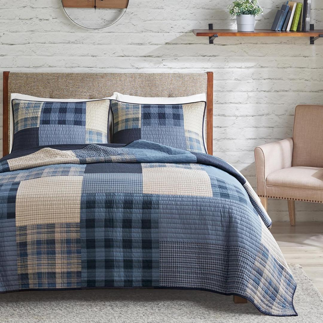 Woolrich Reversible Cotton Quilt Set - Cottage Styling Reversed to Solid Color, All Season Patchwork Lightweight Coverlet, Matching Shams, Winter Hills, Oversized Twin/Twin XL, Blue 2 Piece