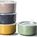 Ceramic Bowls with Lids: 20 oz Microwave Safe Food Storage Containers for Soup, Salad, Cereal, Leftovers, Meal Prep, Lunch, Picnic, Camping, Serving - Airtight, Multicolor, Set of 4