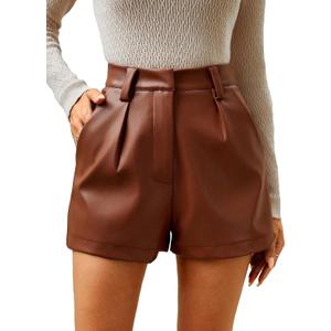 Milumia Women's PU Leather High Waisted Pleated Wide Leg Dressy Shorts with Pocket (Brown, S)