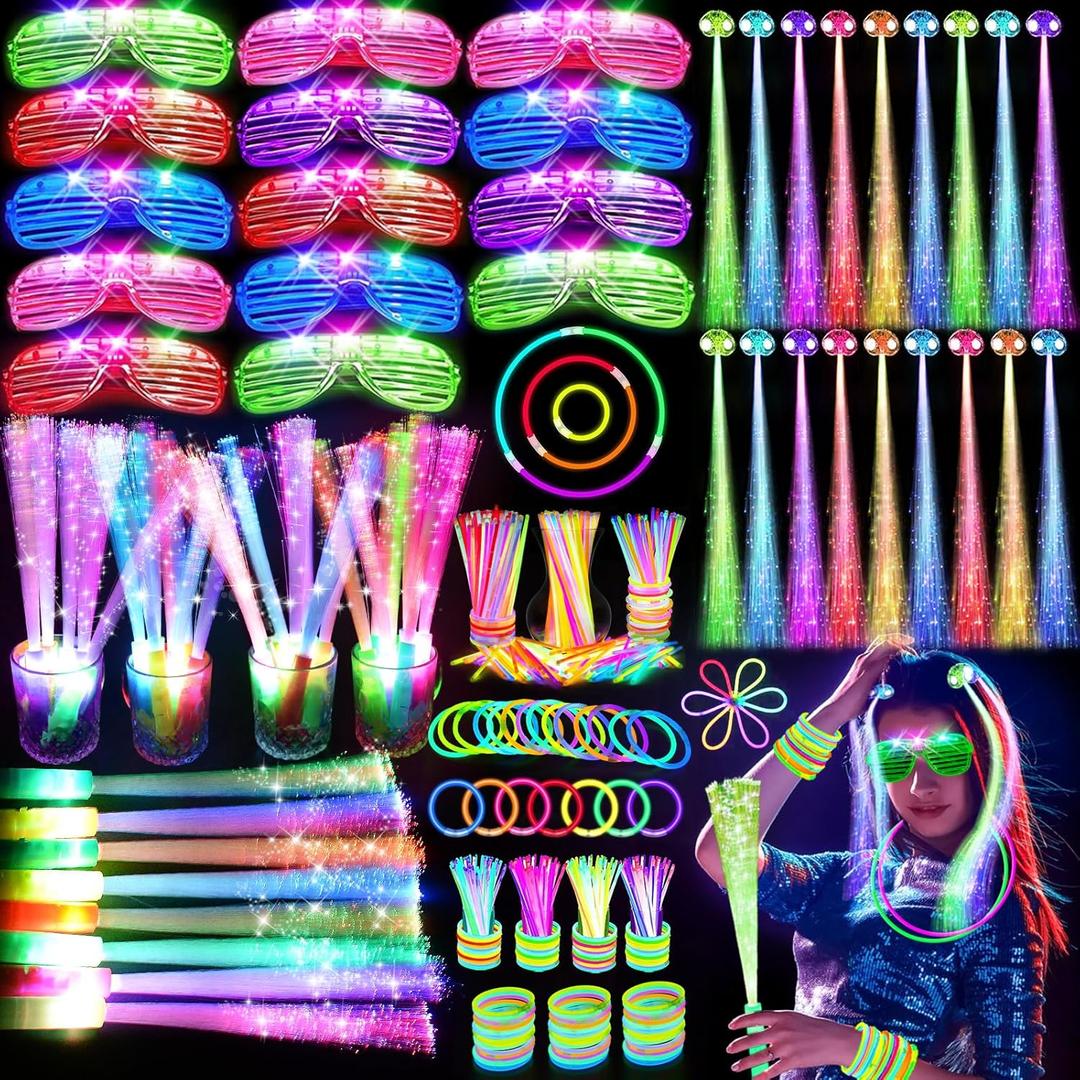 148 PCS Glow in the Dark Party Supplies, 16 Fiber Optic Wands, 14 LED Glasses, 100 Glow Sticks and 18 LED Hair Clips Fiber Optic for Neon Party, Wedding, Birthday, Concert, New Year