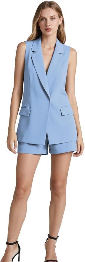 Women Elegant 2 Piece Pant Suits Business Sleeveless Blazer and High Waist Shorts Set Summer Casual Workout Outfits, Small