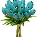 Mandy's Artificial Tulips 20 Stems Teal PU Faux Flowers for Valentine's Day and Easter Decorations Wedding Home Decor 13.5 Inch