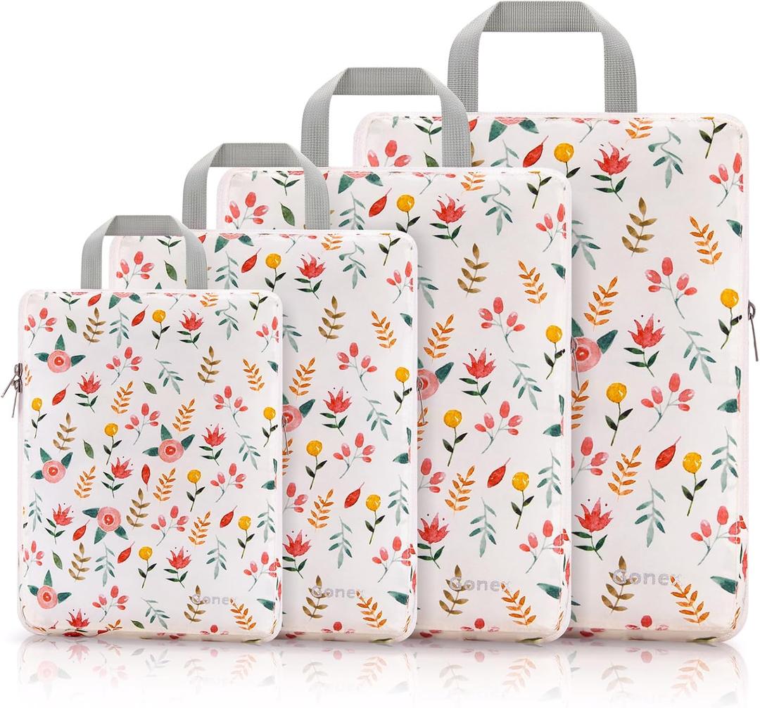 Gonex Compression Packing Cubes, 4pcs Expandable Storage Travel Luggage Bags Organizers (Floral Pink)