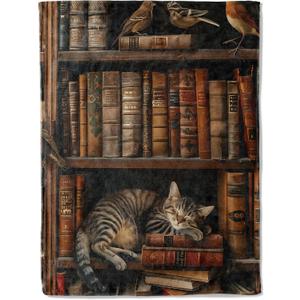 Book Flannel Blanket - Adorable Cat Napping on Bookshelf Throw,Playful Gifts for Adult & Library Lovers, Ultra Soft & Warm,Lightweight, for Couch Bedroom Living Room Modern Decor 50x60in