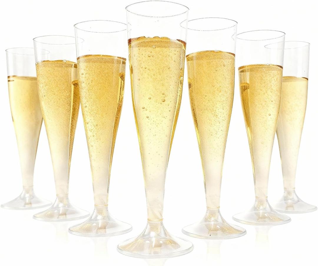 Bestluck 100 Pack Champagne Flutes Plastic, 4.5 oz Clear Plastic Disposable Stemware, Disposable Champagne Flutes for Party, Mimosa Bar, Wedding, Anniversary and Graduation