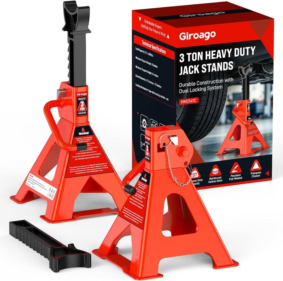 Jack Stands 3 Ton - Heavy Duty Vehicle Support with Dual Locking System, 11-16.1 inch Adjustable Height, High-Strength Steel Material and Large Base for Car & SUV, Orange-Red, 1 Pair