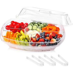 Fruit Ice Serving Tray, Chilled Veggie Tray, Shrimp Cocktail Serving Dish, Appetizer Serving Platter for Parties, with Lid and 4 Compartments