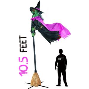 10.5FT Outdoor Animated Flying Witch Halloween Decor on Broom, Sound Activation,Eyes Glowing,Scary Sounds, Animatronics Hover Witch for Garden Yard Lawn Decorations