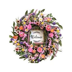 idyllic Spring Summer Wreath for Front Door - 22 Inch Artificial Floral Wreath with Roses, Wild Flowers, Leaves & Welcome Board - Farmhouse Indoor/Outdoor Wall Decor