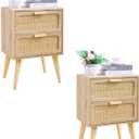Rattan Nightstand Set of 2,Side Table with Hand Made Rattan Decorated Drawers,Boho Bedside Table,Wood Accent Table with Storage for Small Space,Livingroom, Bedroom, Natural CTG59Y-2 (Rattan - Natural)