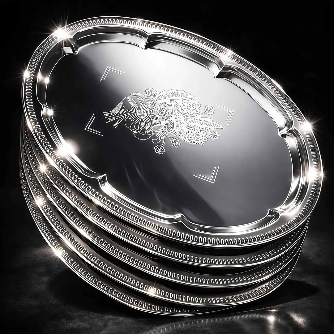 6-Pack Large Silver Serving Trays (16" x 12")  Oval Floral Engraved Serving Platters for Parties, Weddings, Birthdays, Festive Occasions  Mirror Trays for Appetizers, Charcuterie, Cookies, Desserts