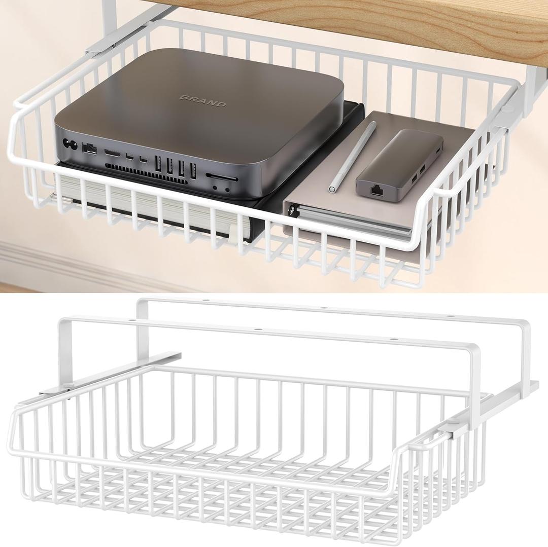 Under Desk Drawer, Slide Out Design,No Drill Metal Under Desk Cable Management, Under Table Storage Shelf Tray Basket Under Table Drawer Organizer for Office, Home, Workspace, Cabinet (White)